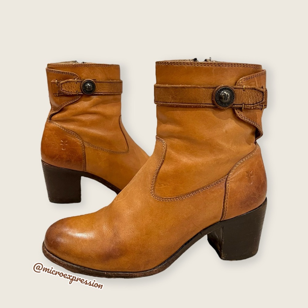 $369 Frye Malorie Button Tan Brown Real Leather Fall Winter Comfy Ankle Bootie - Picture 14 of 14